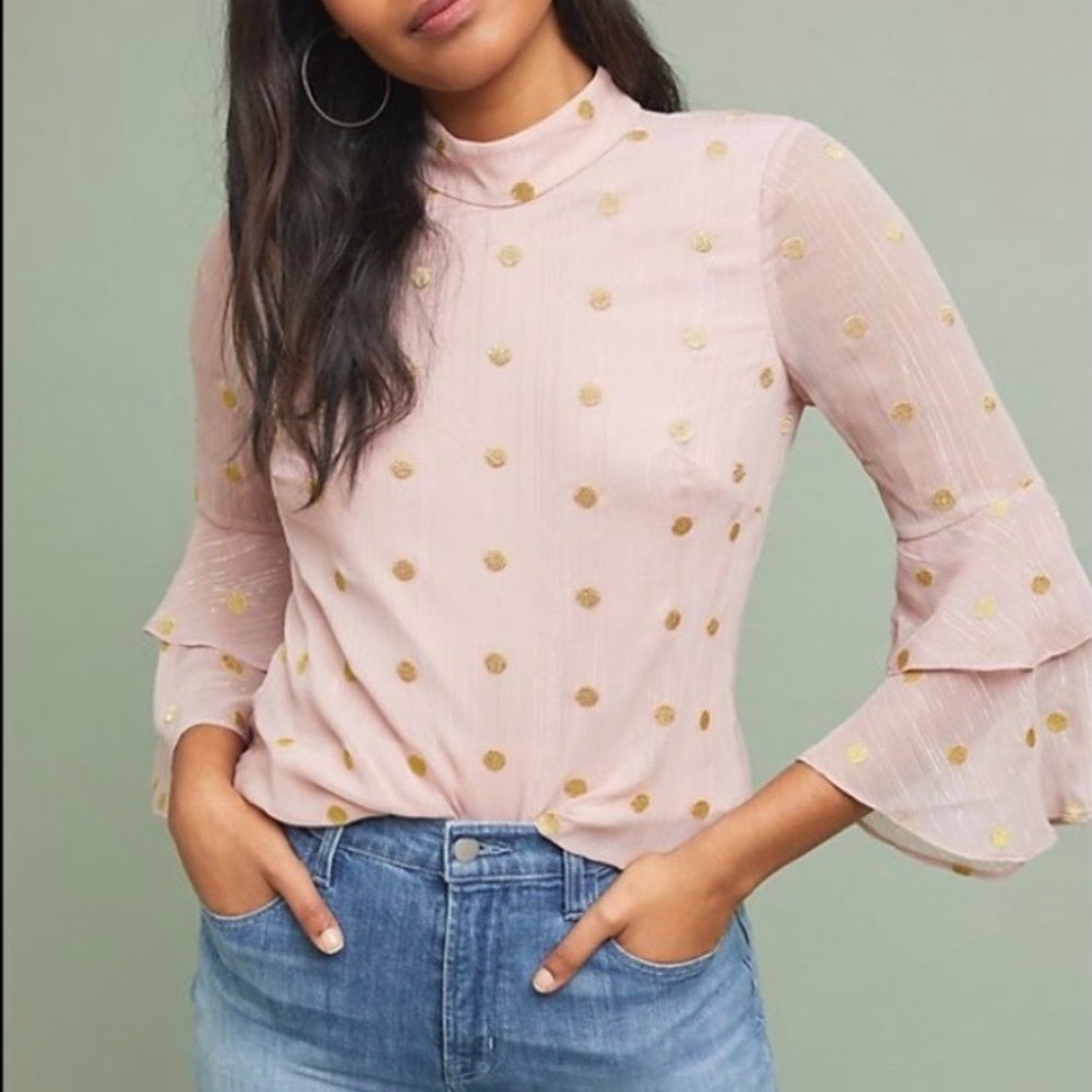 Anthropologie Hutch Phillipa Medium Pink Gold Polka Dot Mock Neck‎ Ruffle Blouse